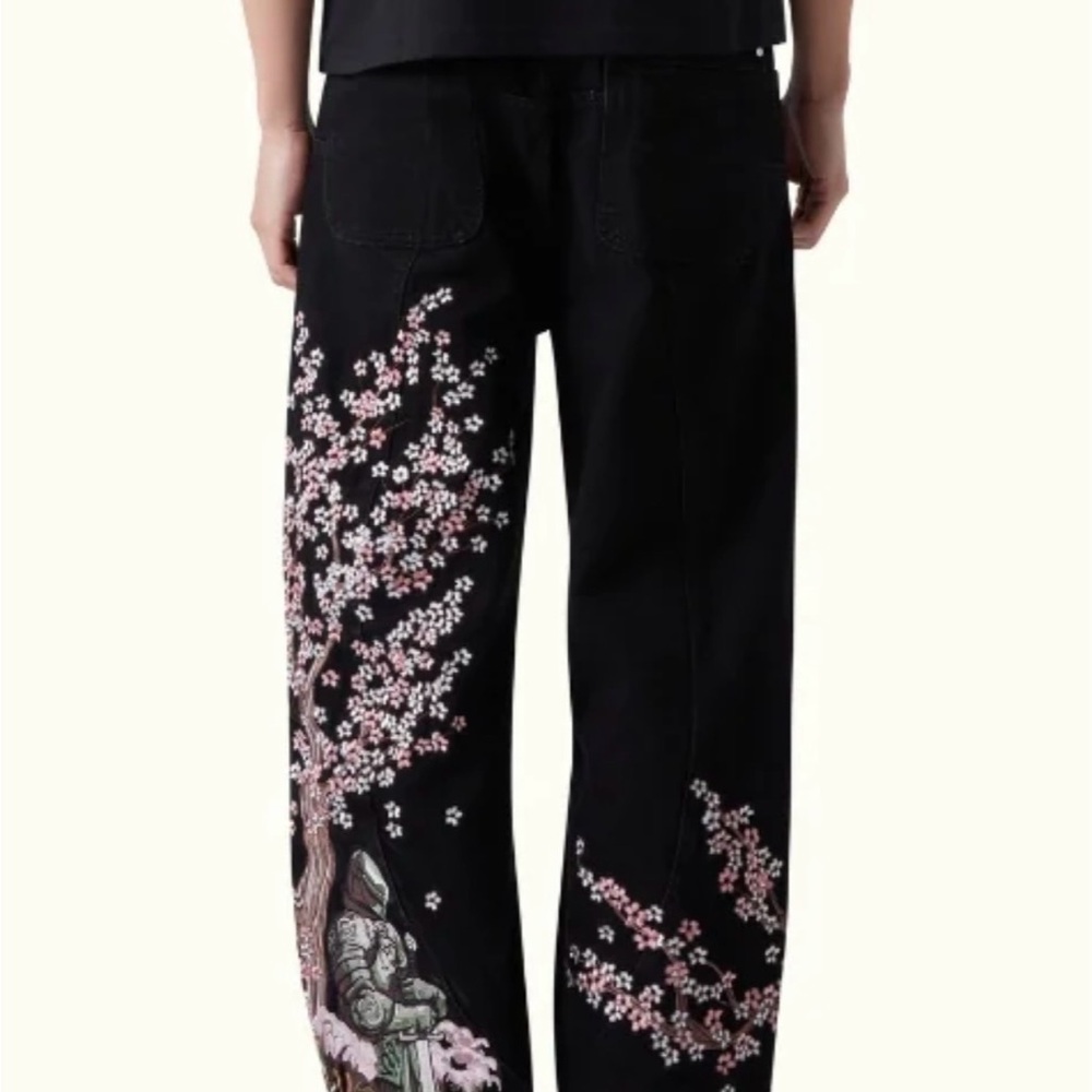 Men's Black Straight-Leg Jeans with Pink Cherry Blossom Embroidery